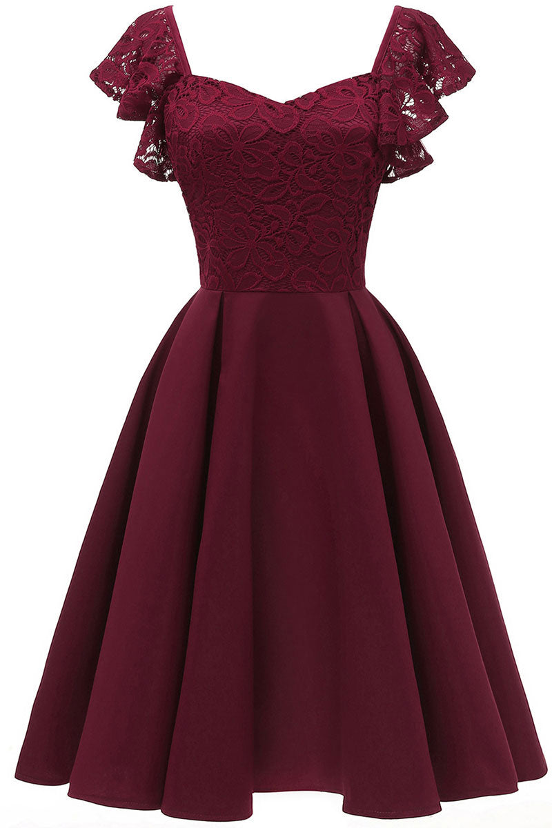 Burgundy Cap Sleeves Satin Homecoming Dress