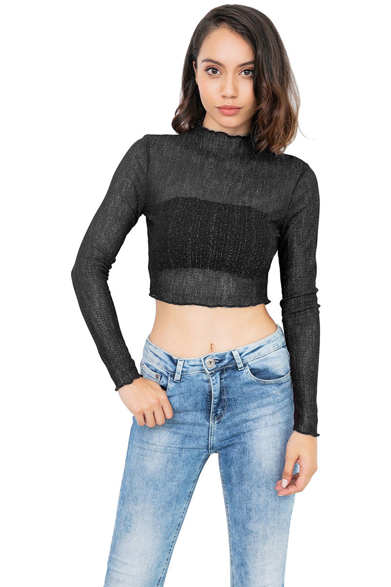 Burgundy High Neck Crop Knit Blouse With Long Sleeves - Mislish