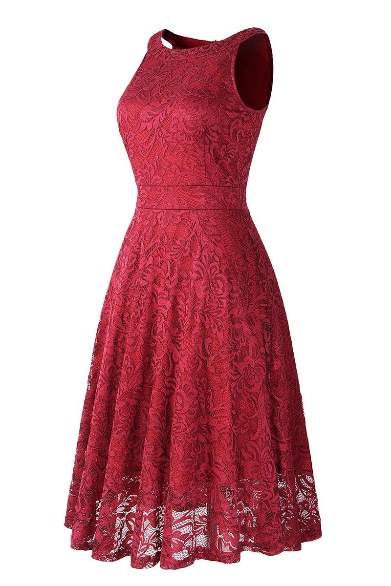 Burgundy Lace A-line Sleeveless Cocktail Dress