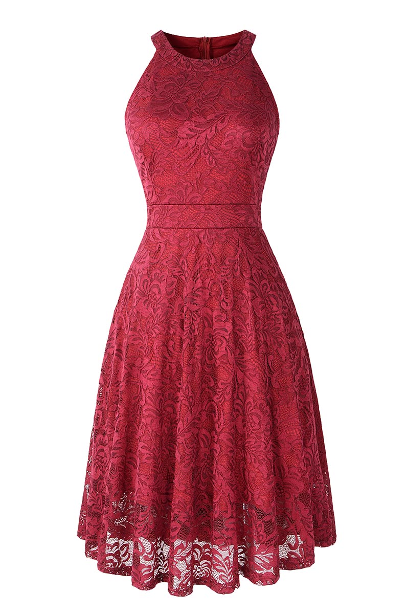 Burgundy Lace A-line Sleeveless Cocktail Dress