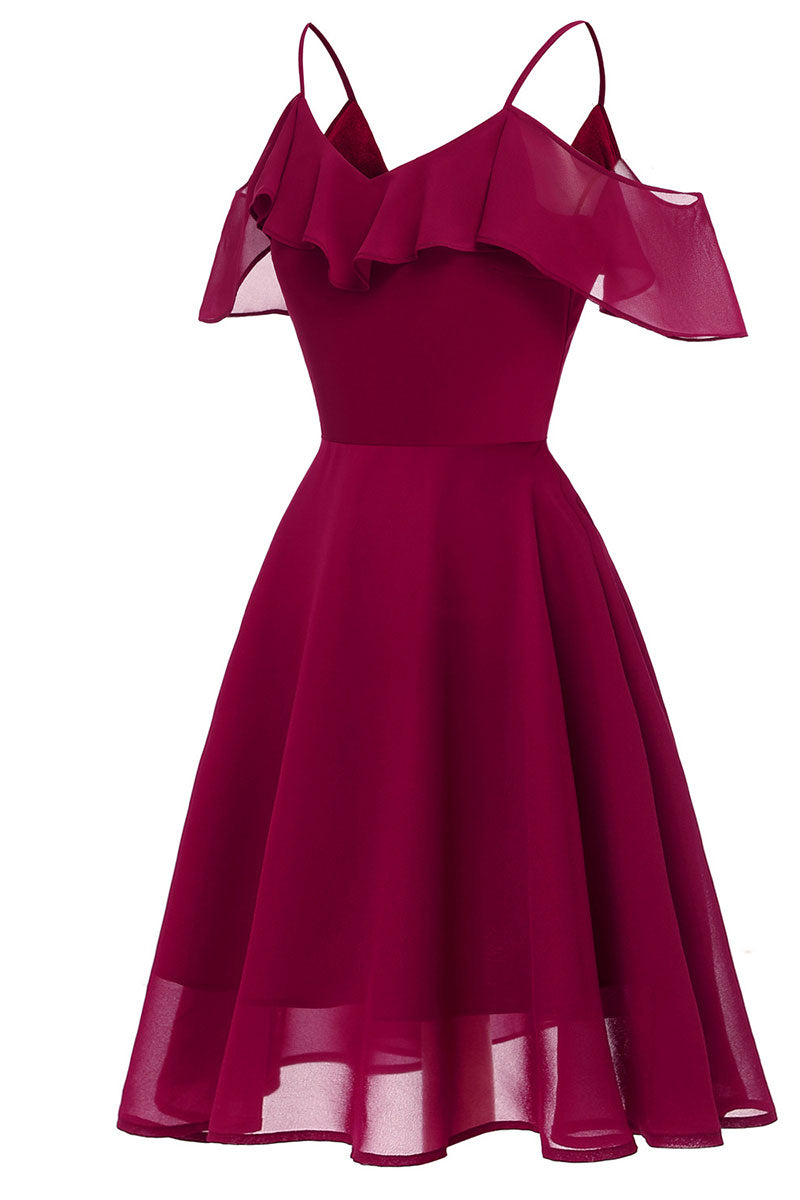 Burgundy Off-the-shoulder A-line Spaghetti Strap Prom Dress