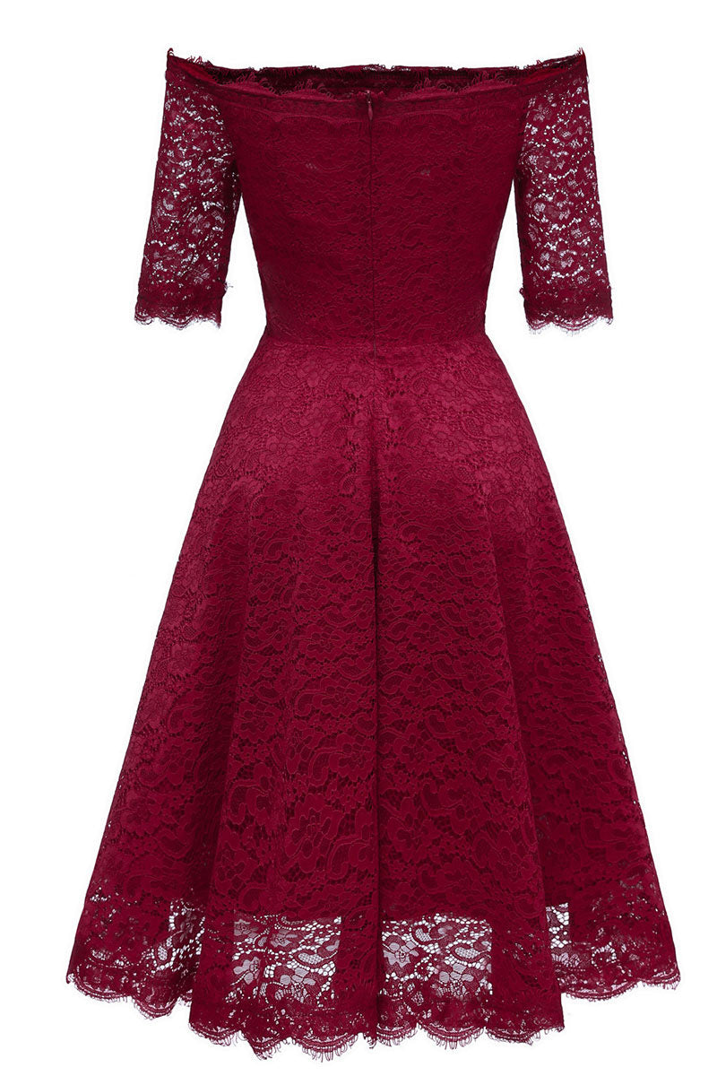 Burgundy Off-the-shoulder Lace Bridesmaid Prom Dress With Sleeves