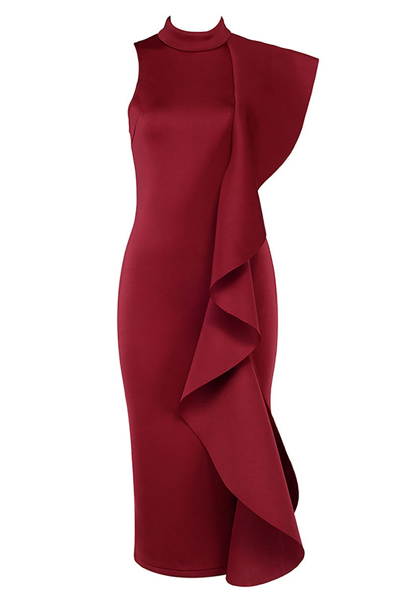 Burgundy Ruffle Slit Sexy Bandage Party Dress