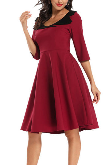 Burgundy Scoop Half Sleeve  A-line Cocktail Dress - Mislish