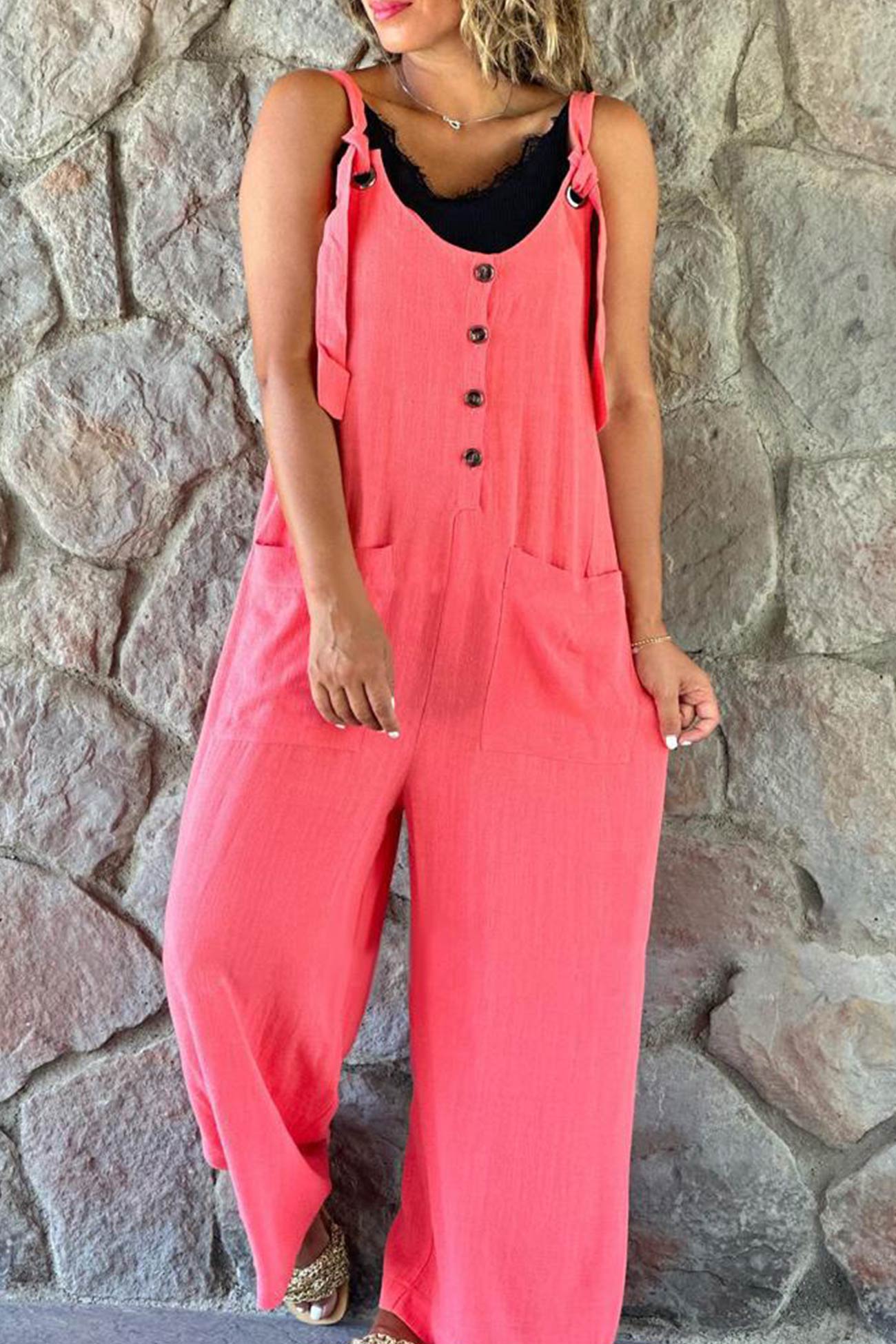 Button Straps Solid Jumpsuits