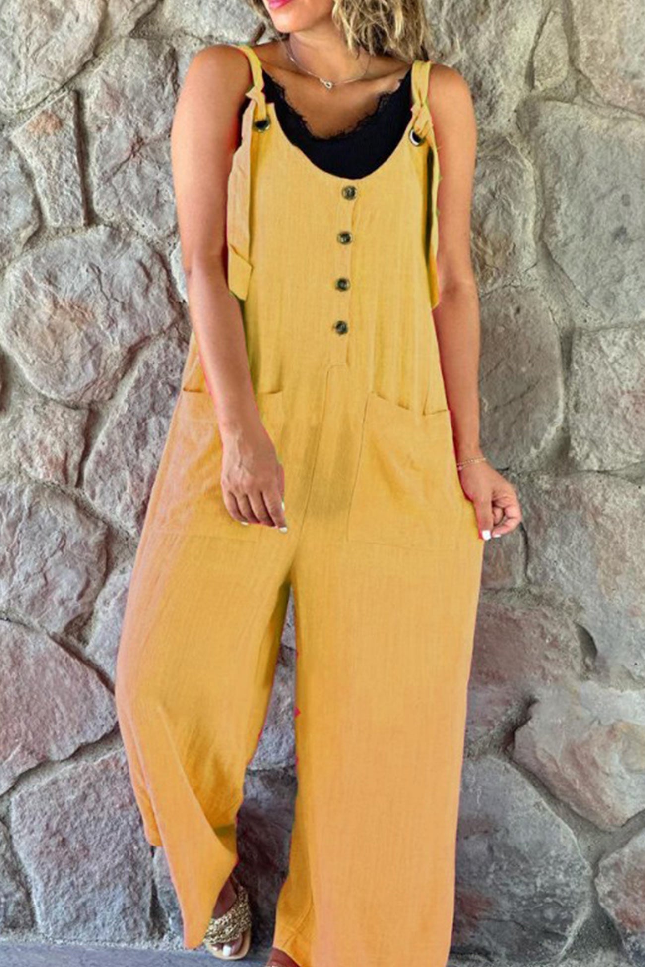 Button Straps Solid Jumpsuits