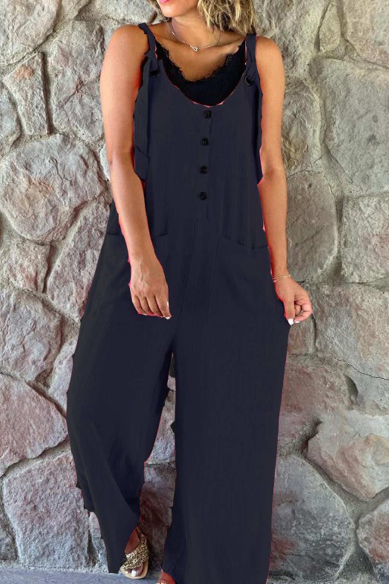 Button Straps Solid Jumpsuits