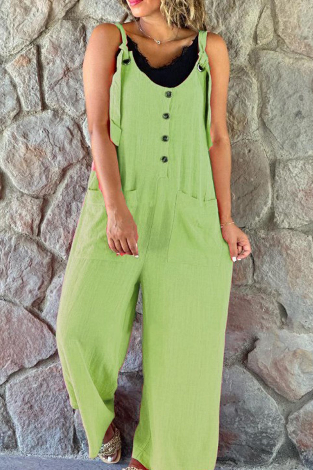 Button Straps Solid Jumpsuits