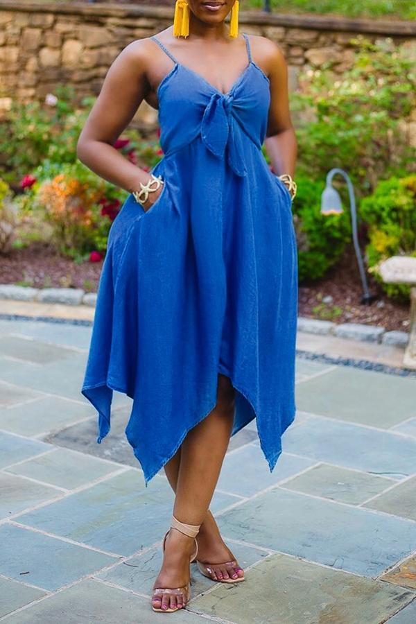 Beachy Solid Bow V-neck Irregular Hem Midi Dress