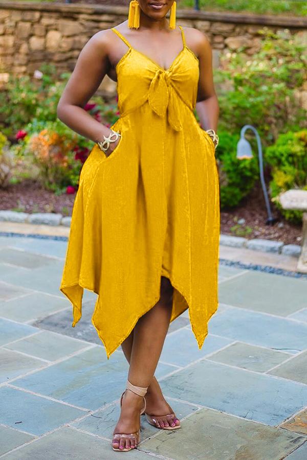 Beachy Solid Bow V-neck Irregular Hem Midi Dress