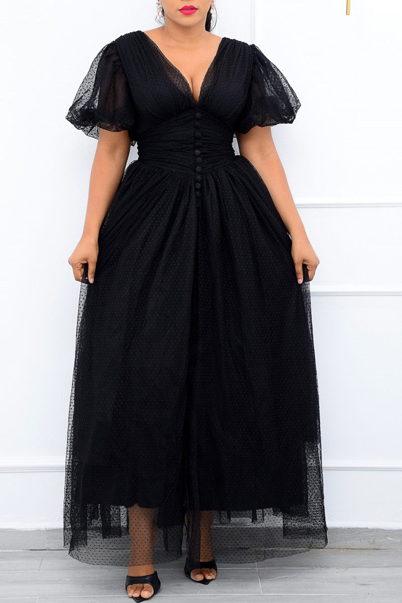 Plus Size Elegant Lace Sheer Polka Dot A-line Puff Sleeve Retro Maxi Dress