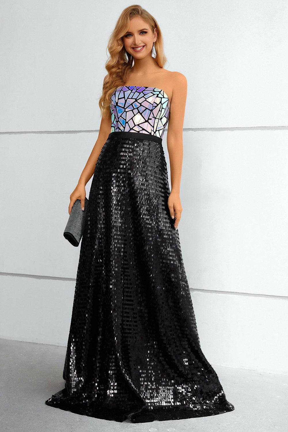 Black A Line Strapless Sparkly Sequin Strapless Prom Dress