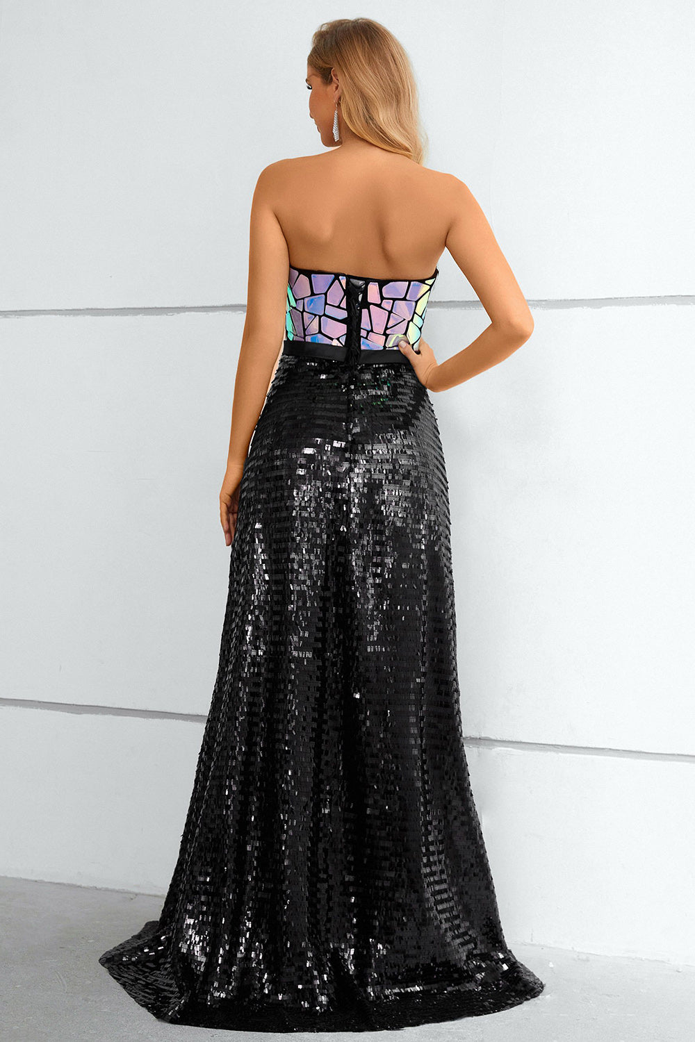 Black A Line Strapless Sparkly Sequin Strapless Prom Dress