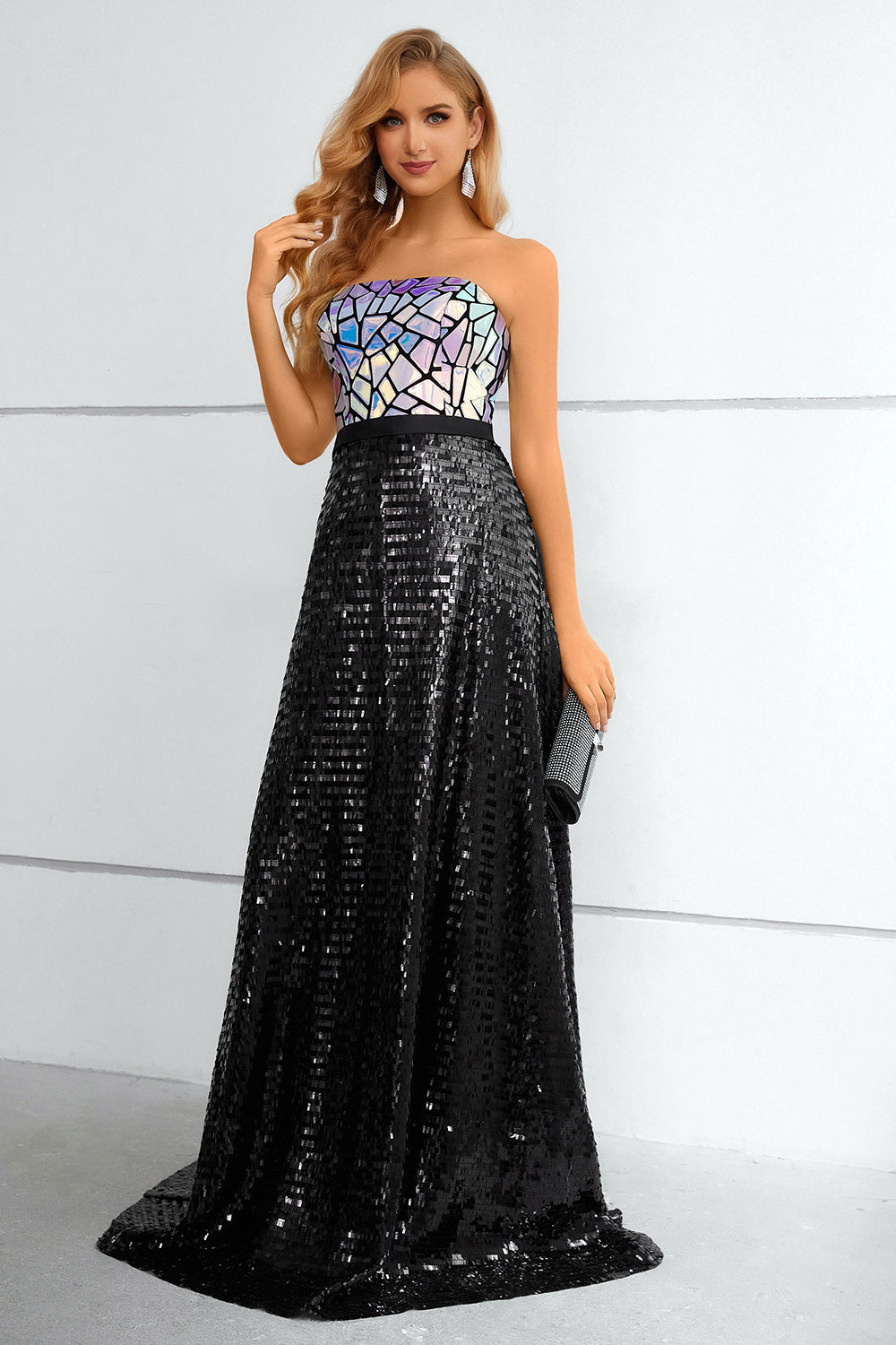 Black A Line Strapless Sparkly Sequin Strapless Prom Dress