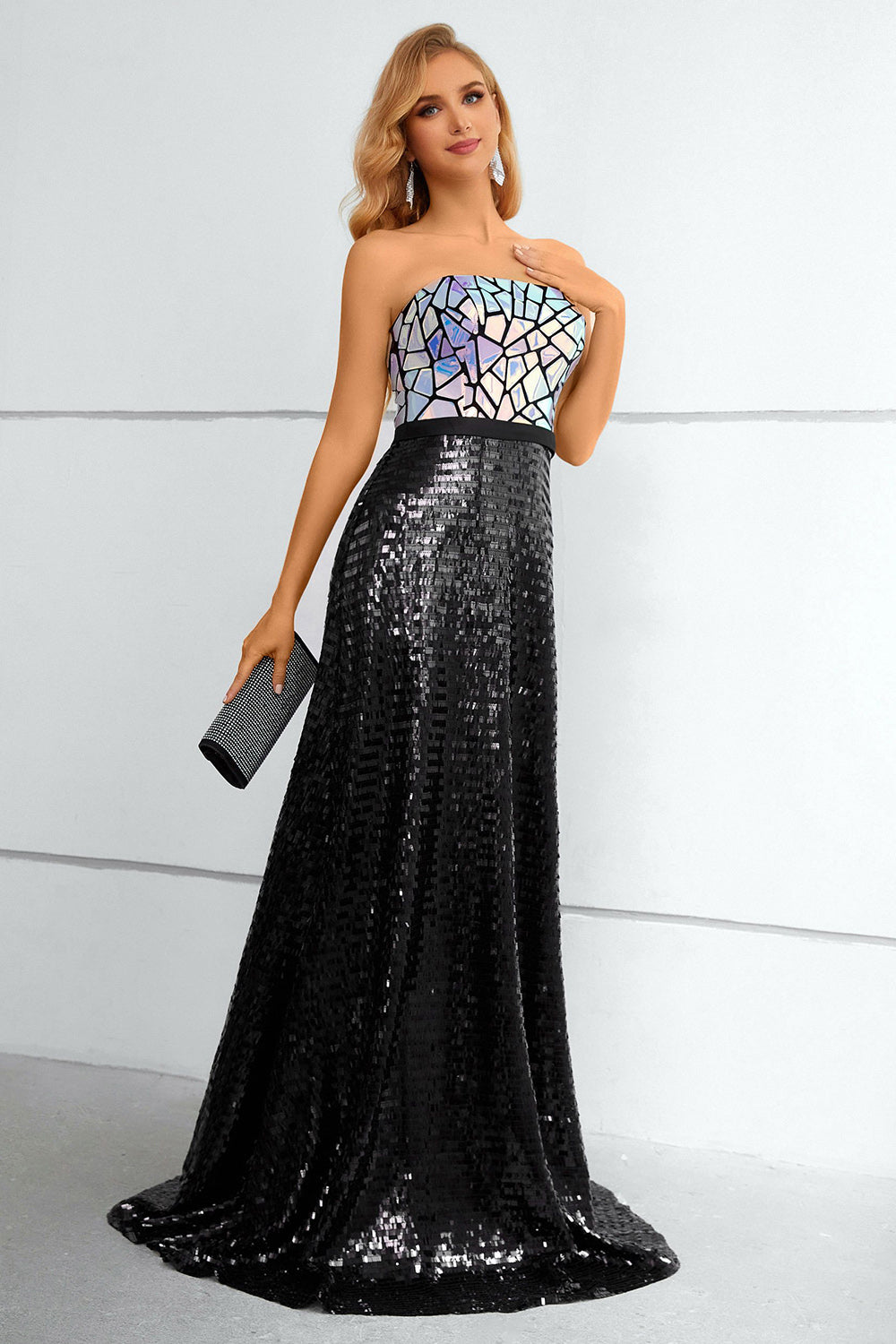 Black A Line Strapless Sparkly Sequin Strapless Prom Dress