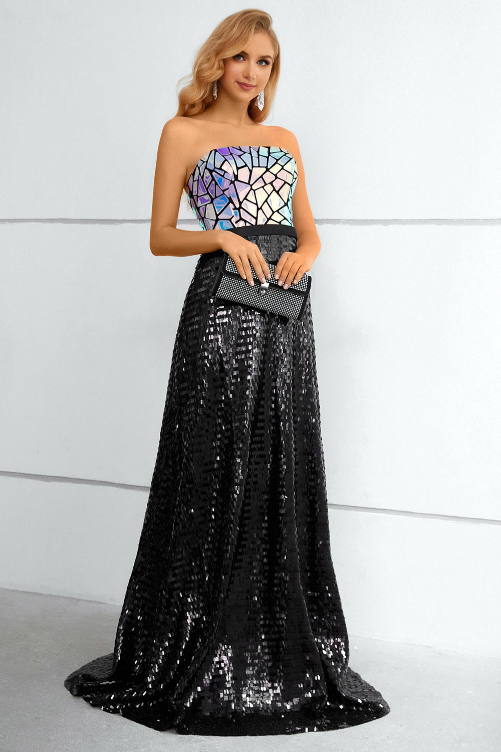 Black A Line Strapless Sparkly Sequin Strapless Prom Dress