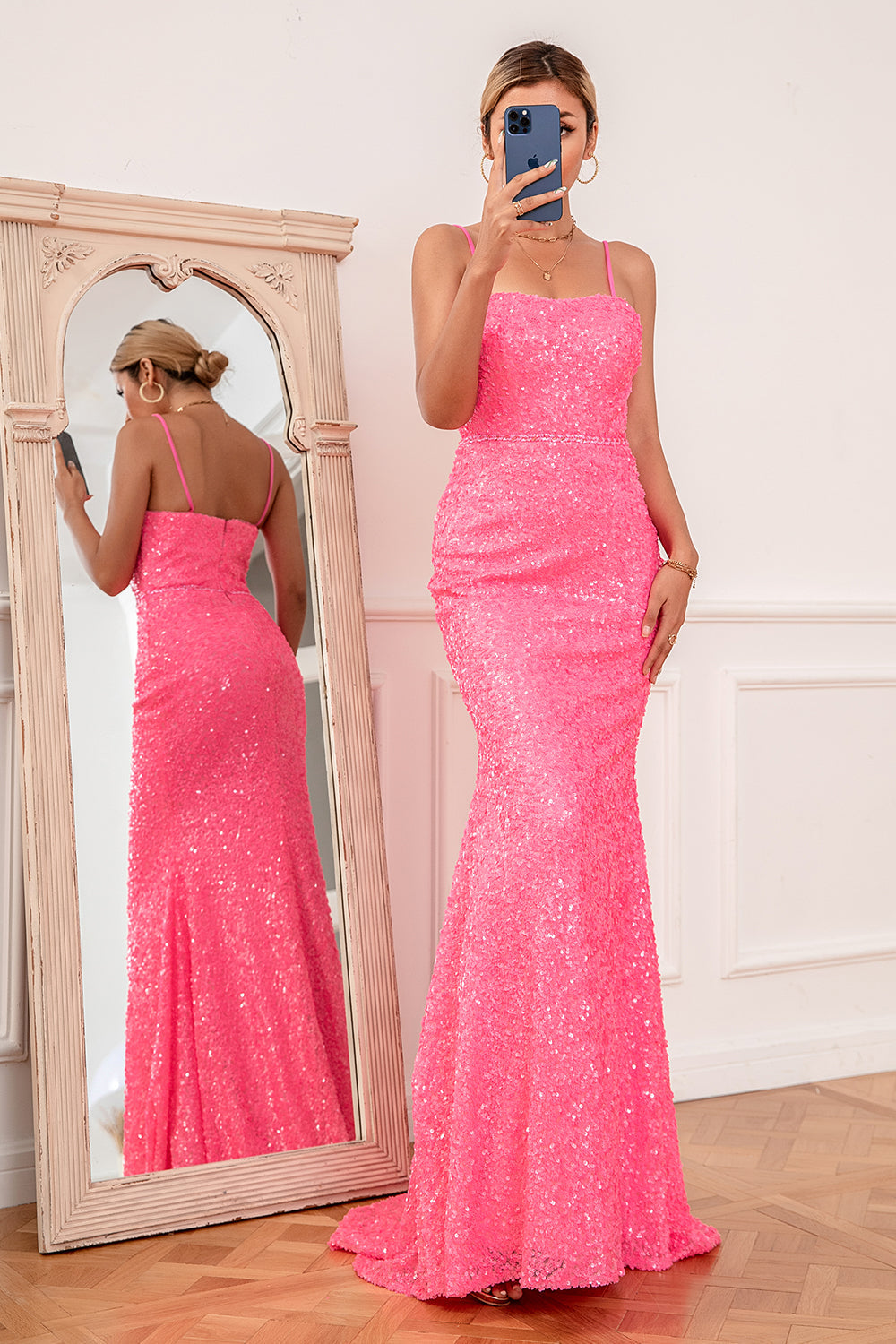 Hot Pink Sequin Spaghetti Straps Prom Dress