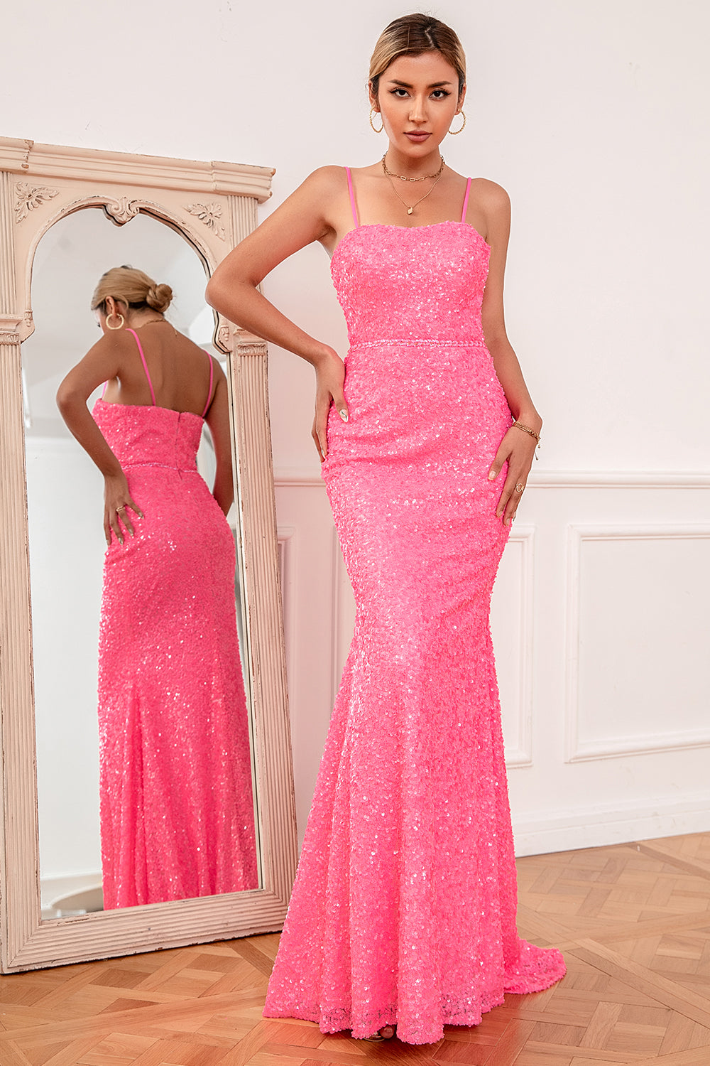 Hot Pink Sequin Spaghetti Straps Prom Dress