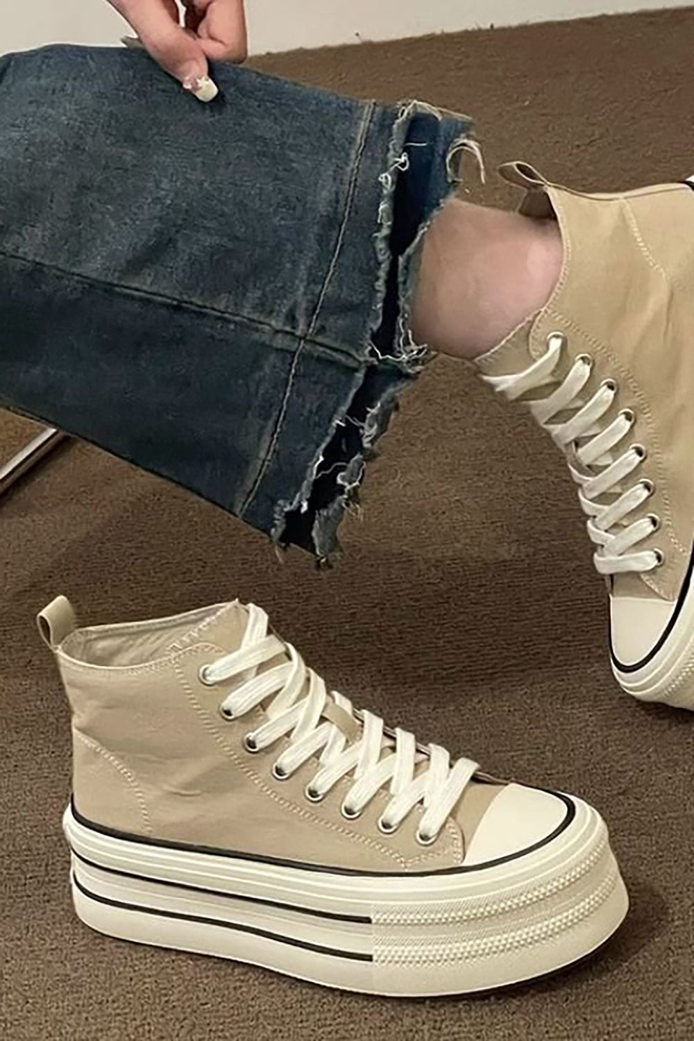 Light Khaki Platform High Top Canvas Sneakers