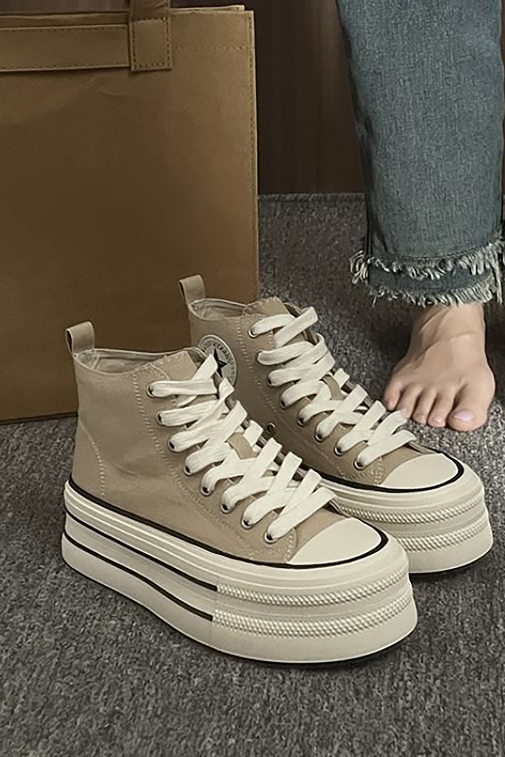 Light Khaki Platform High Top Canvas Sneakers