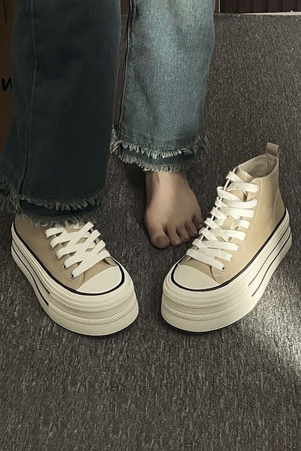 Light Khaki Platform High Top Canvas Sneakers