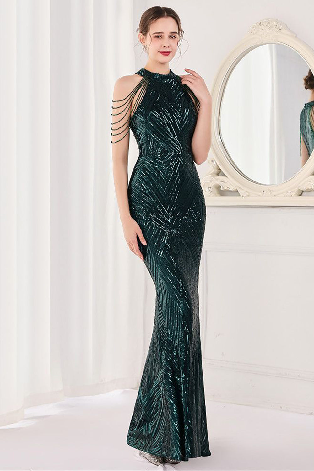 Mermaid Halter Dark Green Sequins Long Prom Dress