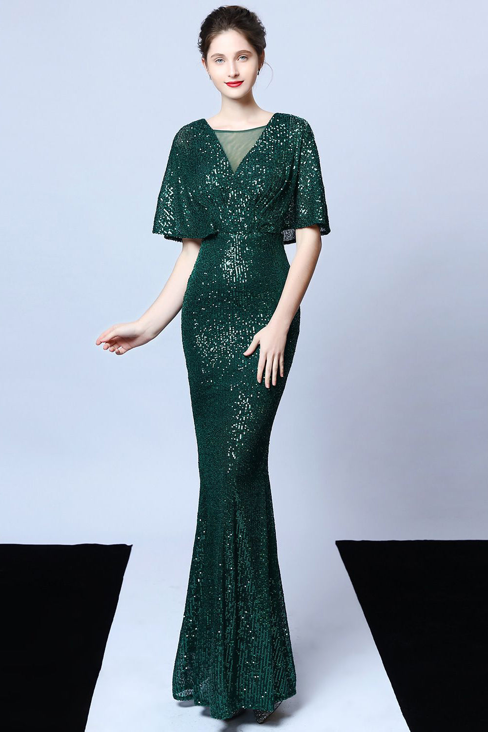 Mermaid V Neck Dark Green Sequins Long Prom Dress with Short Sleeves