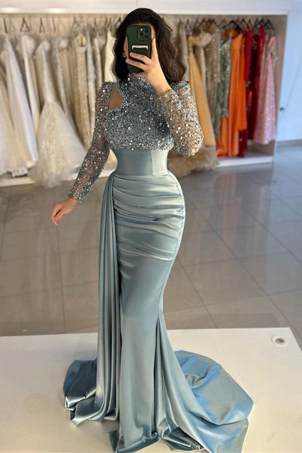 Ballbella Dusty Blue Long Sleeves Prom Dress Mermaid With Sequins High Neck