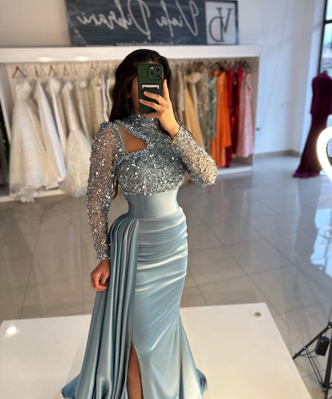 Ballbella Dusty Blue Long Sleeves Prom Dress Mermaid With Sequins High Neck