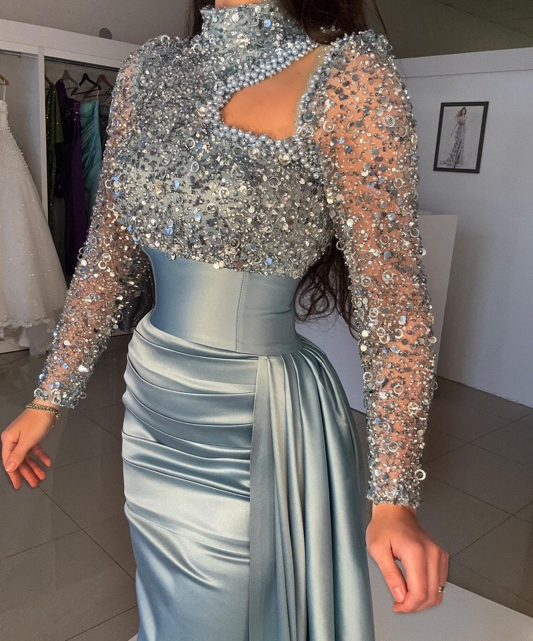 Ballbella Dusty Blue Long Sleeves Prom Dress Mermaid With Sequins High Neck