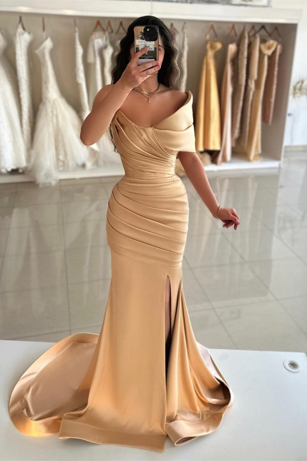 Ballbella One Shoulder Champagne Prom Dress Mermaid Slit Long