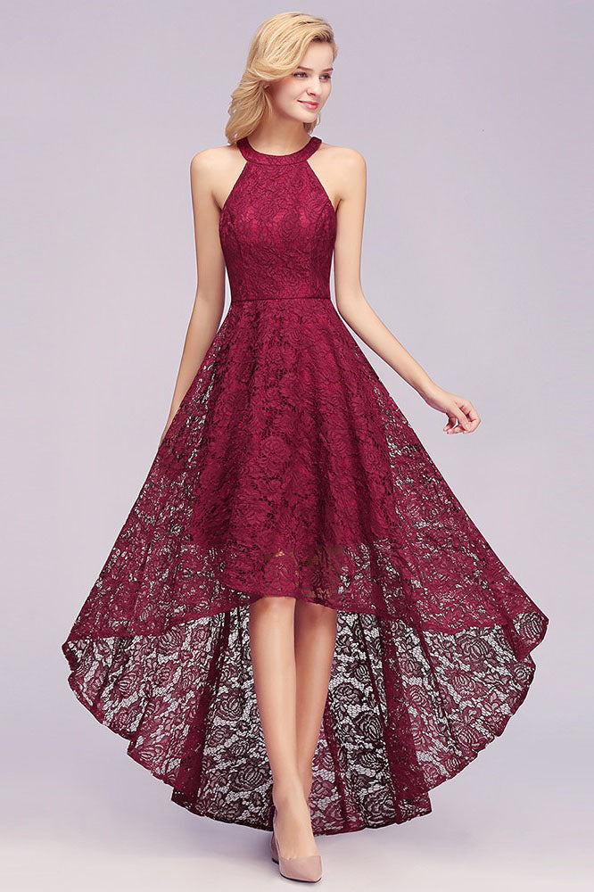 Luxurious Sleeveless Scoop Hi-Lo Lace Prom Dress Online