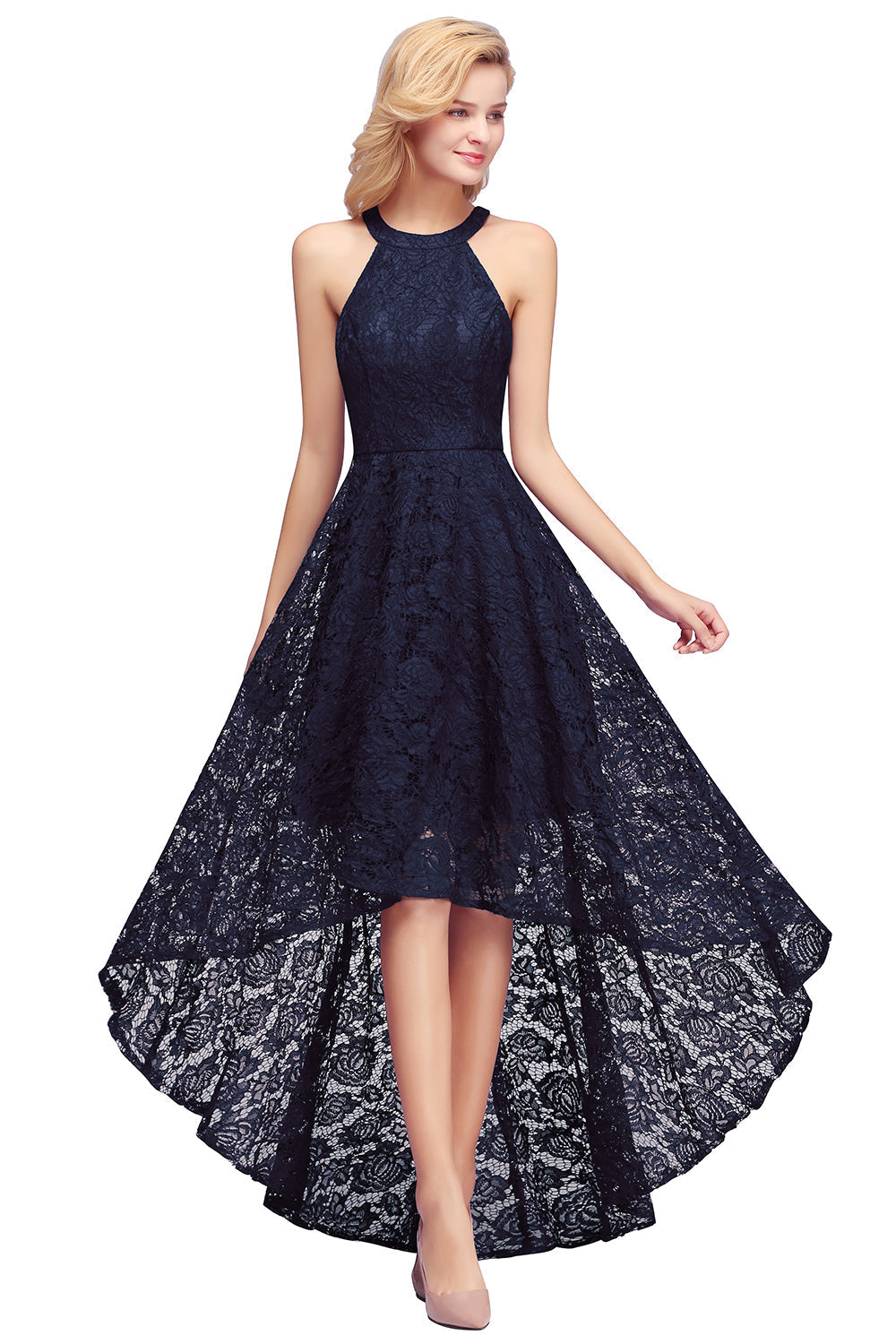 Luxurious Sleeveless Scoop Hi-Lo Lace Prom Dress Online