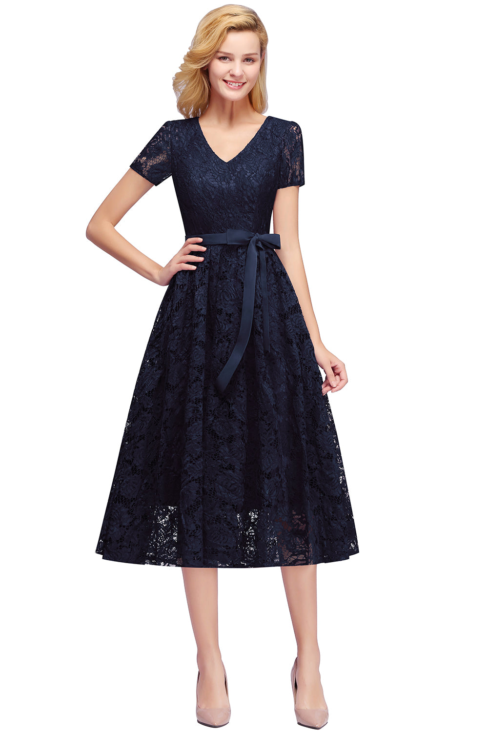 Elegant Short Plus Size Sleeves Lace V-Neck Party Dress