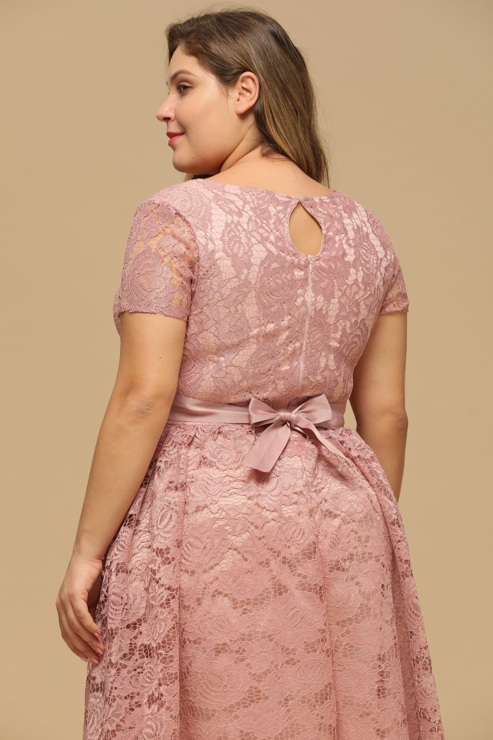 Elegant Short Plus Size Sleeves Lace V-Neck Party Dress