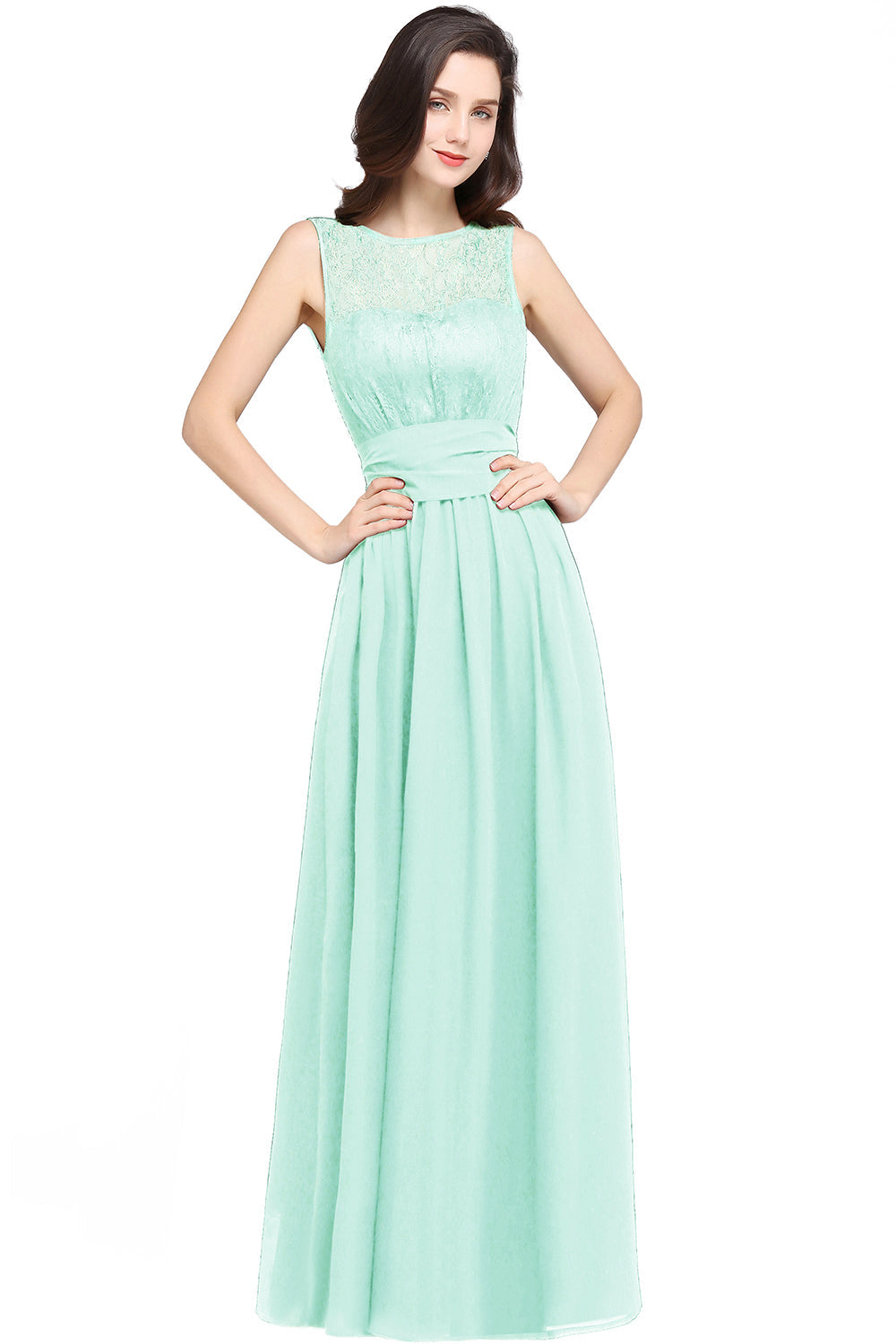 Luxurious Sleeveless Scoop Long Chiffon Pary Dress With Lace