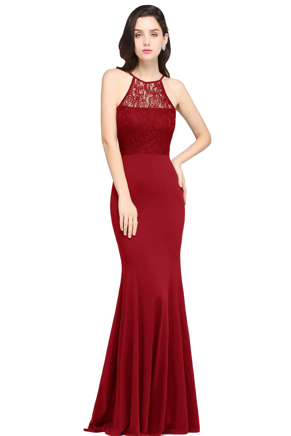 Charming Sleeveless Halter Lace Mermaid Prom Long Dress Online