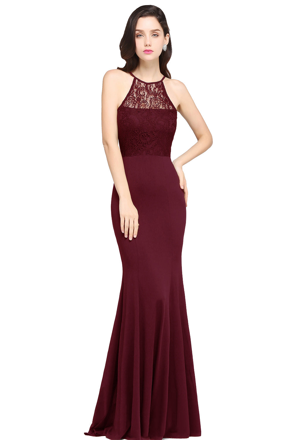 Charming Sleeveless Halter Lace Mermaid Prom Long Dress Online