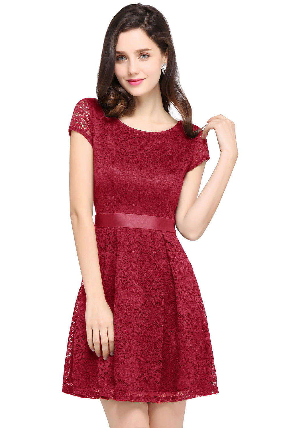 Luxurious Short Sleeves Elegant Lace Mini Party Dress Scoop