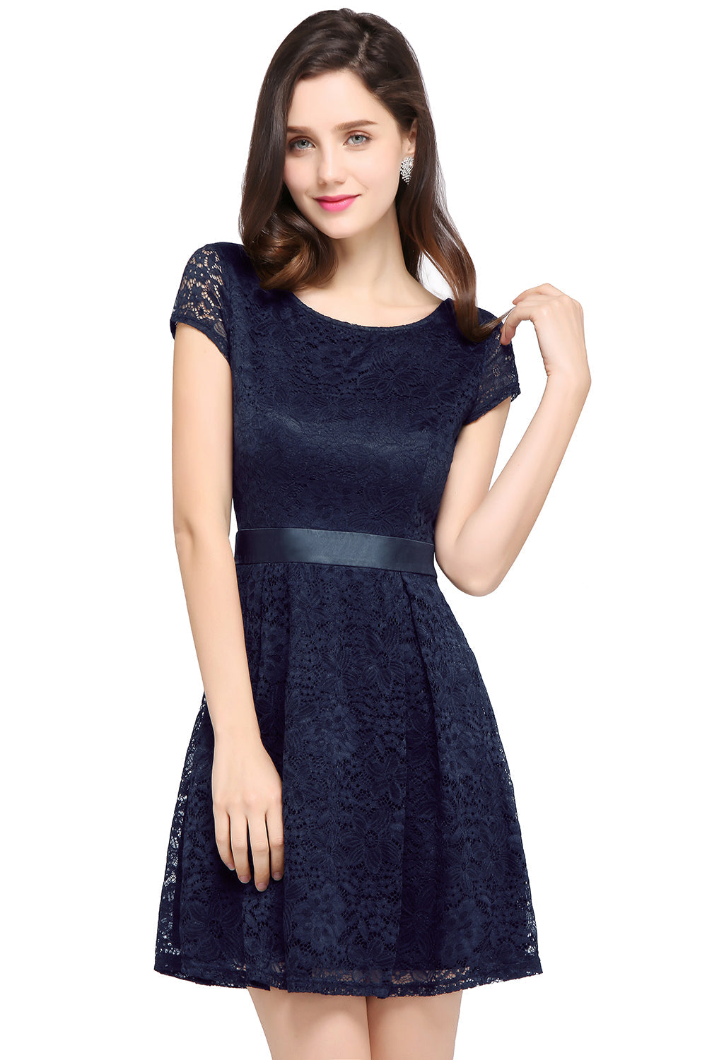 Luxurious Short Sleeves Elegant Lace Mini Party Dress Scoop