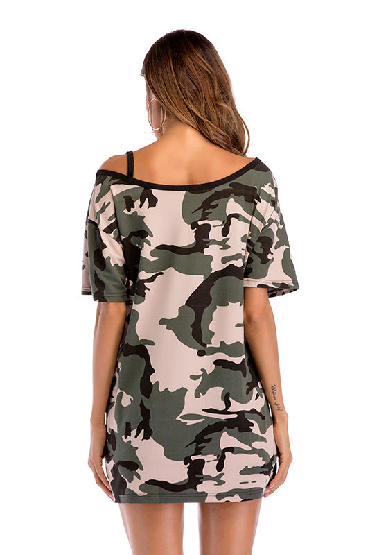 Camouflage Off-the-shoulder Asymmetrical Neck Tee