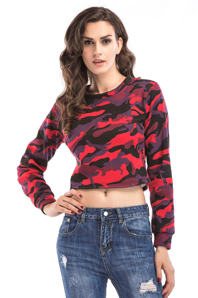 Camouflage Print Crop Pullover Sweatshirt - Mislish