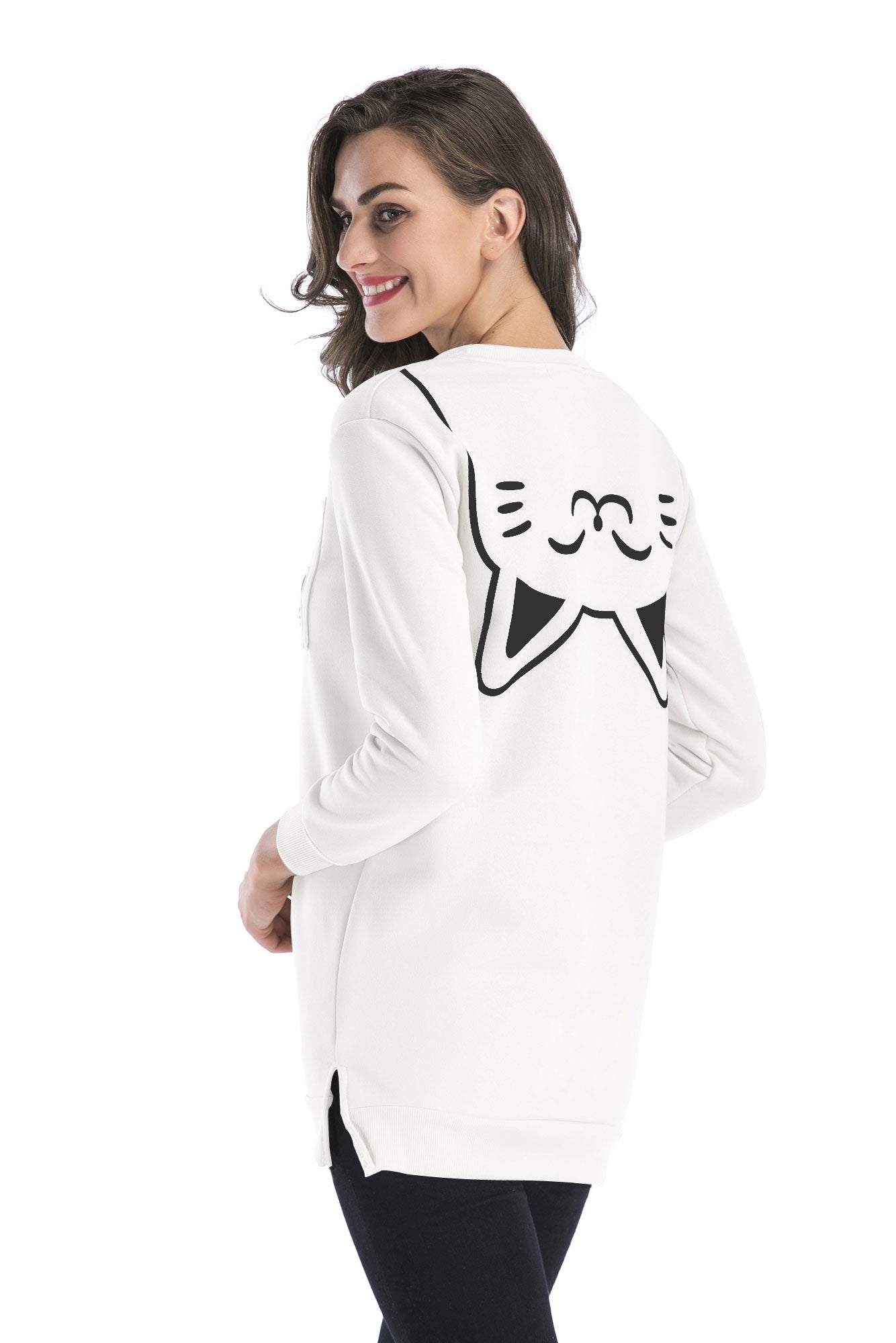 Cat Print Pocket Slit Side Pullover Sweatshirt