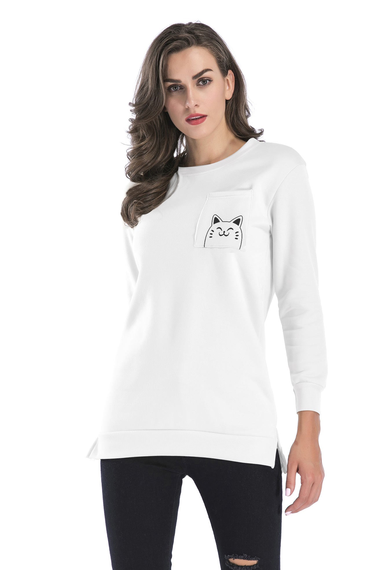 Cat Print Pocket Slit Side Pullover Sweatshirt - Mislish