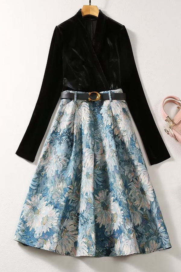 Celebrity Inspired Floral Velvet Long Sleeves Fashion Dress