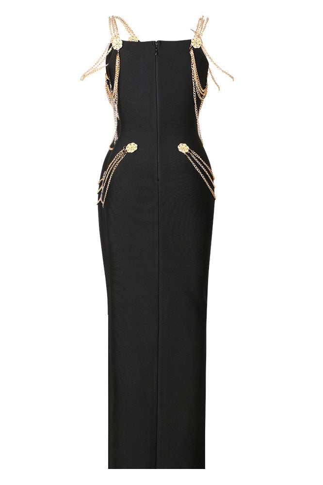 Celebrity Inspired Black Evening Dress With Gold Chain