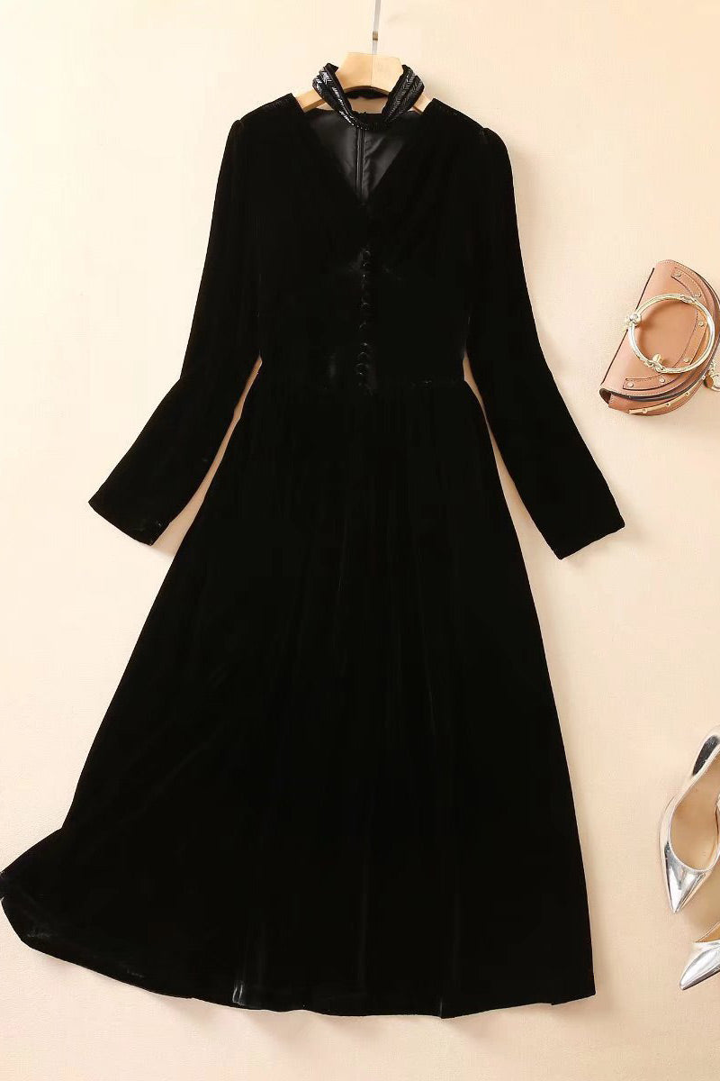 Celebrity Inspired Black Velvet Long Sleeve Prom Gown Evening Dress