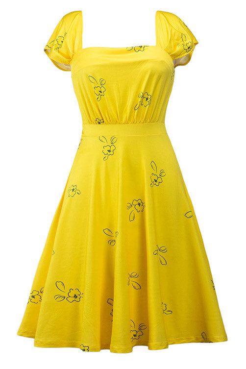 Celebrity Inspired Yellow Cap Sleeves A-Line Dress