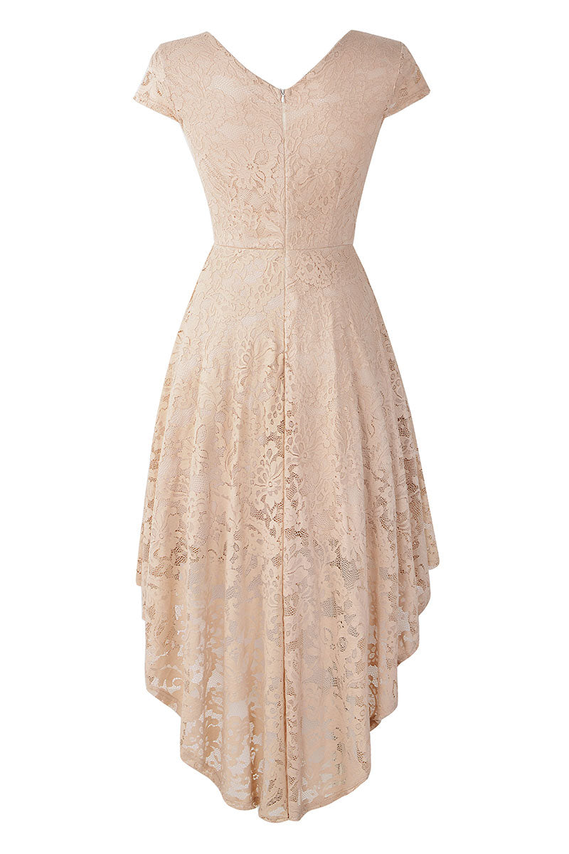 Champagne V Neck Cap Sleeve Lace Prom Dress