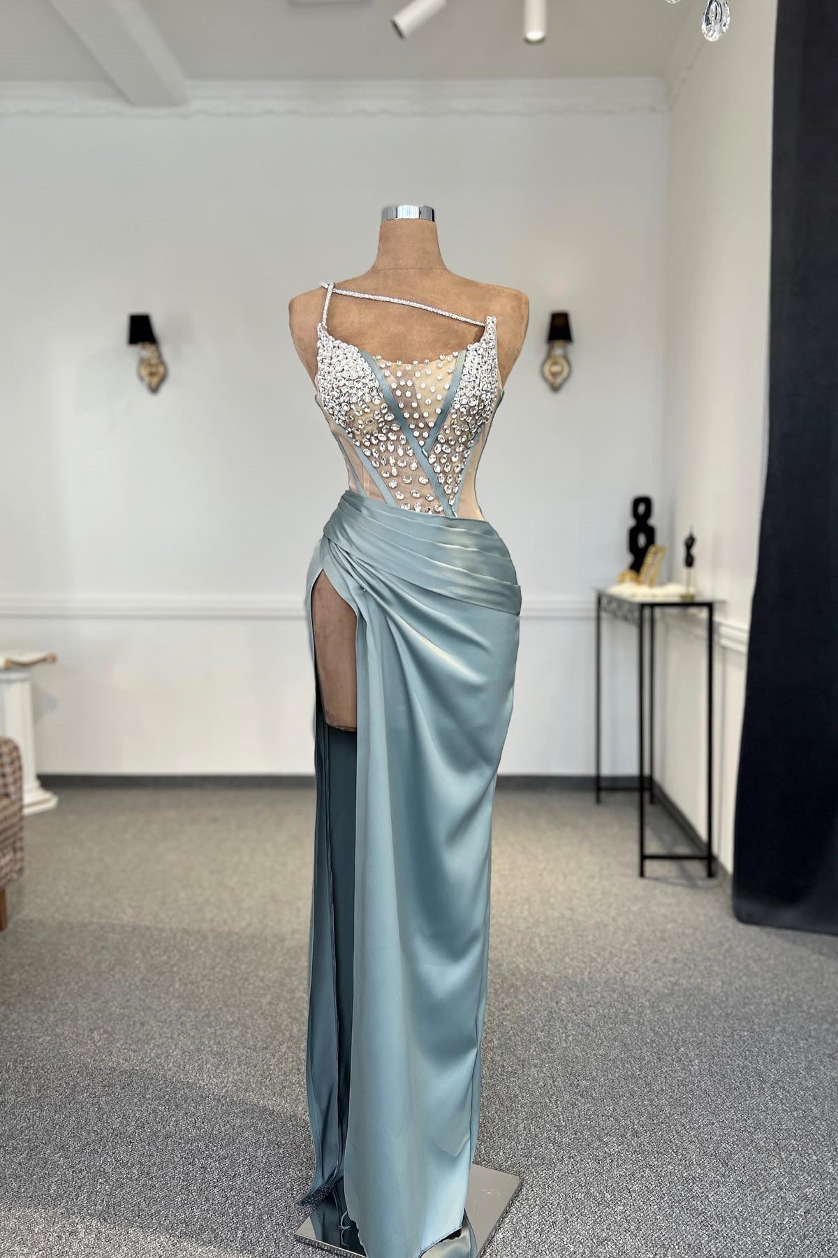 Charming Column One Shoulder Sleeveless Rhinestone Tulle Satin Split Front Evening Gown - Fashionpara